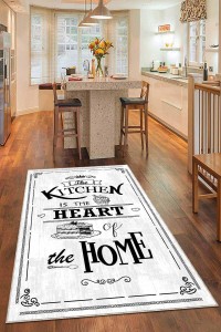Beyaz Kaymaz Tabanlı Kitchen Yazılı Mutfak Halısı AR507