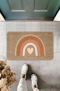 Bej Modern Love Kalp Desenli Kapı Önü Paspası KP11